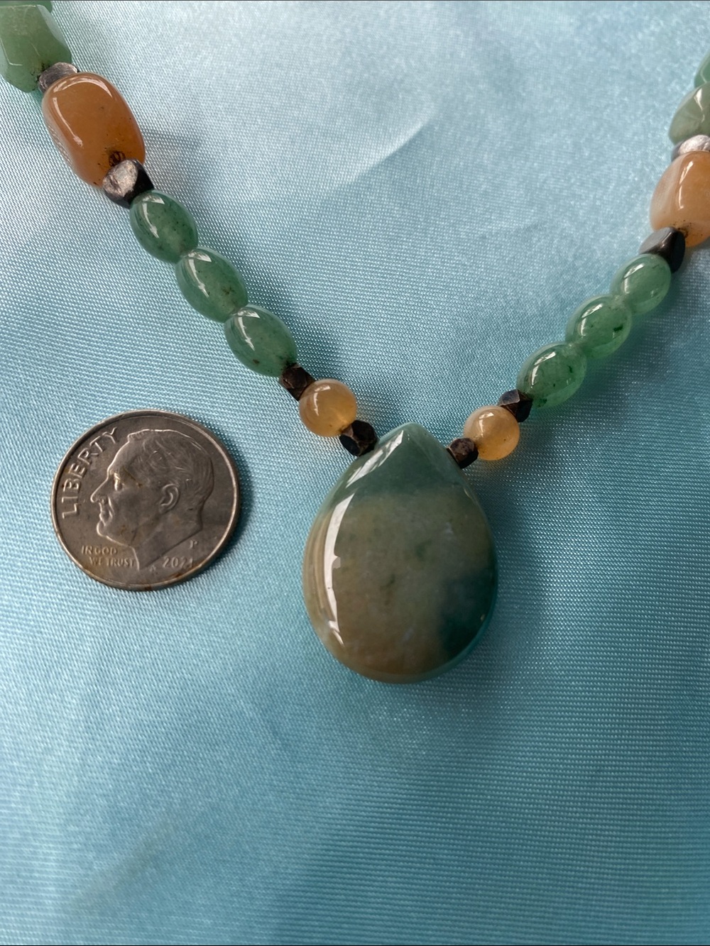 Green and Brown Natural Stone Beaded Teardrop Pendant Necklace - Picture 2 of 5